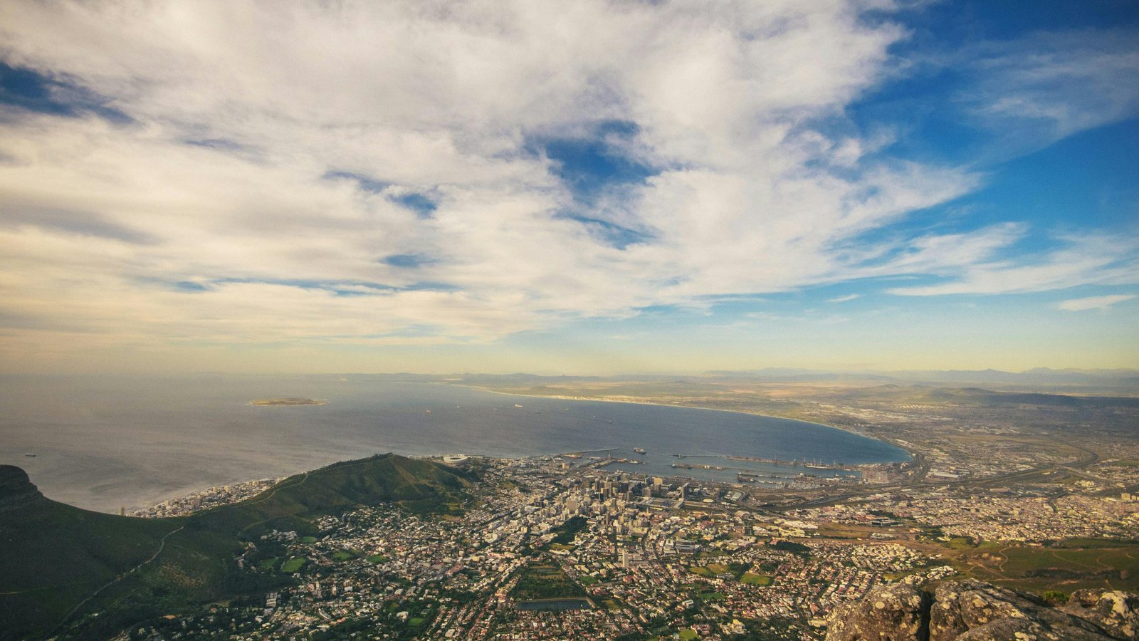 Aerial view across Cape Town and the coastline